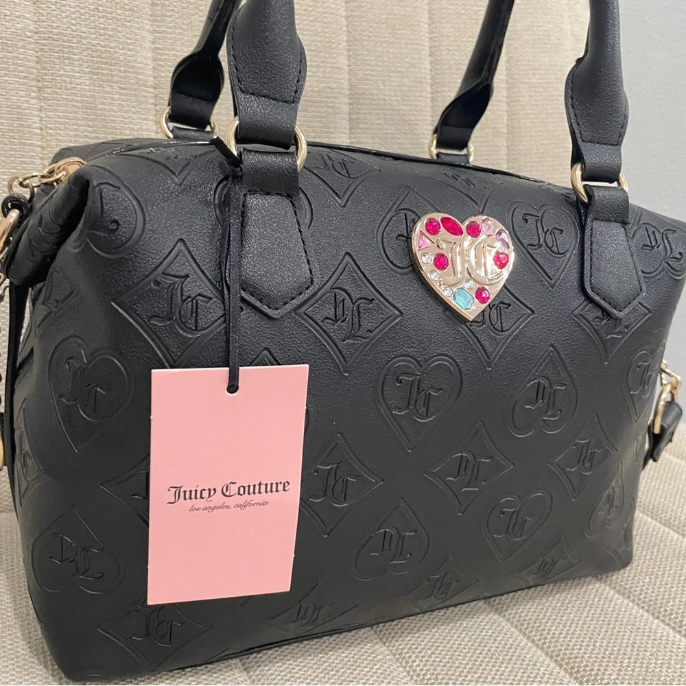 NEW Juicy Couture Black Embossed Monogram Heart Rhinestone Satchel Crossbody Bag